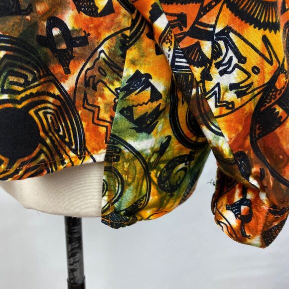 Vintage 90s Y2K Woman Blouse Medium Button Up Orange Boho Peasant Tribal Novelty - Picture 9 of 16